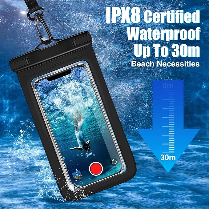 Waterproof Case Compatible with iPhone 14 Pro Max/13/12/11/XR/X/SE/8/7, Galaxy S22/S21 Google up to 7.5" IPX8 Dry Bag Vacation Essentials (Balck-4)