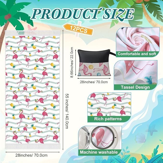 Peryiter 24 Pack Microfiber Oversize Turkish Beach Towel Set 12 Large Absorbent Beach Towels with 12 Storage Bag 28 x 55 Quick Dry Lightweight Bath Towel Blanket for Hawaii Camp Swim Pool(Flamingos)