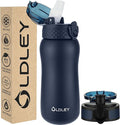 Oldley Insulated Water Bottle 12oz Water Bottles with Straw, Stainless Steel Water Bottle with 2 Lids, Double Wall Vacuum Bottels for Adults Kids,Leak-Proof Sport Bottles for School Travel, Navy Blue