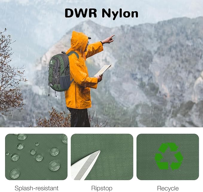 25L Small Hiking Backpack with Chest Strap for Men Women, Waterproof Travel Backpack Day Pack, Lightweight Padded Hiking Daypacks for Camping Traveling Outdoor Sports, Green