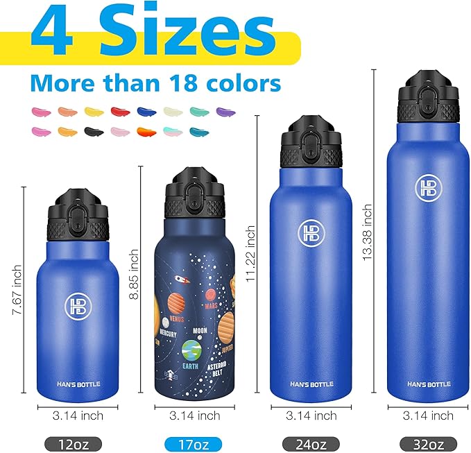 Han's Bottle Kids Water Bottle with Straw Lid - Insulated Stainless Steel Reusable Tumbler for Girls,Boys,Thermo Mug,17oz,Space Planet