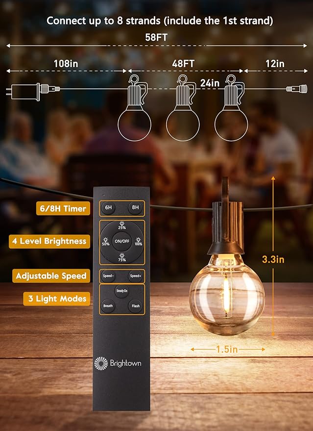 Brightown Outdoor String Lights with Remote and Zip Ties, 58Ft Dimmable Patio Lights with 25 Bulbs, Waterproof Hanging Lights for Porch Backyard Bistro Cafe Market