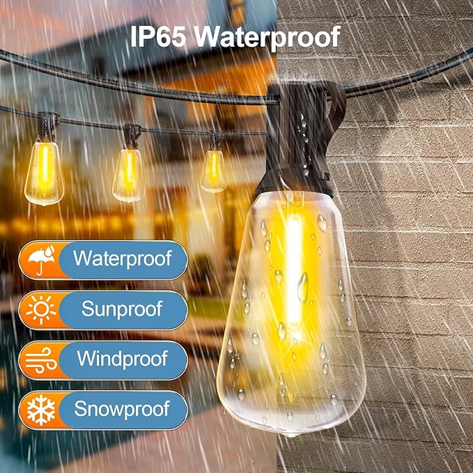 MGVIH Outdoor String Led Patio Lights: 65Ft 20M Outside Waterproof Light with Remote Dimmable ST38 Shatterproof Bulb Connectable Hanging Outdoor Electric Lighting for Backyard Yard Gazebo Porch Party
