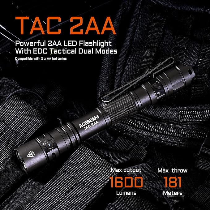 ACEBEAM TAC 2AA EDC Tactical Dual Modes Flashlight Rechargeable, 1600 High Lumens Flashlight, Dual Switch Pocket LED Flashlight, Super Bright Small Flash Light for Emergency, Camping, Home