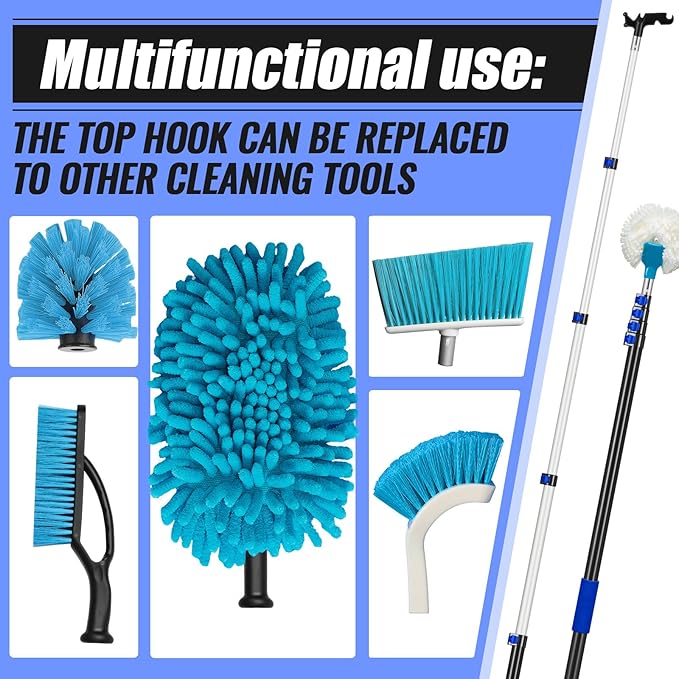 4.3-18ft Telescopic Extension Pole with Utility Hook, Multi-Purpose Aluminum Pole for Painting, Dusting and New Year Window Cleaning Christmas Lights Installation Without a Ladder(Blue)