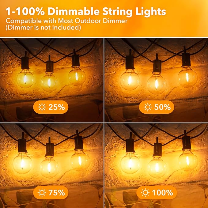 Brightown LED Outdoor String Lights Patio Lights 100FT with 104 LED Bulbs, Shatterproof Weatherproof Commercial Hanging Light for Backyard Bistro Pergola Party Decor, E12 Socket Base, 2200K, Black