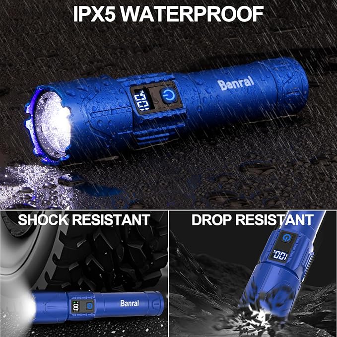 Rechargeable Tactical Flashlights 2000 High Lumens - 5000mAh Super Bright LED Powerful Flash Light, Waterproof Handheld USB C Flashlight for Home,Car,Camping,Emergencies,5 Modes,Zoomable (1, Blue)