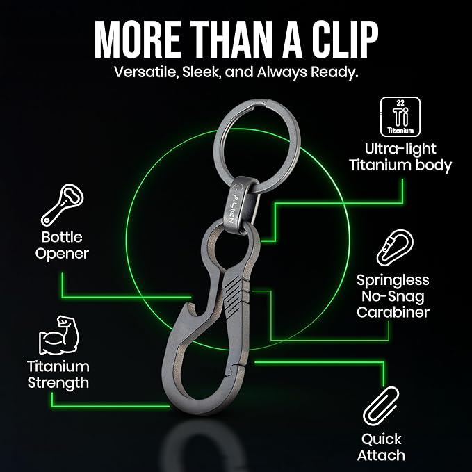Titanium Carabiner Keychain Hook – Ultra-Light and Strong 2-Pack EDC Carabiner Clips – Aerospace Titanium Carabiner with Bottle Opener – No-Snag No-Hinge Single Body Design