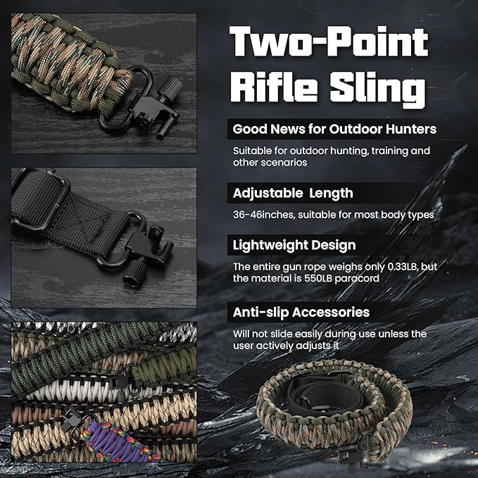 Double Braide 550LB Shotgun Sling 2 Point Paracord Rifle Sling,Non-Slip Traditional Adjustable Gun Sling for Hunting Shooting Camping