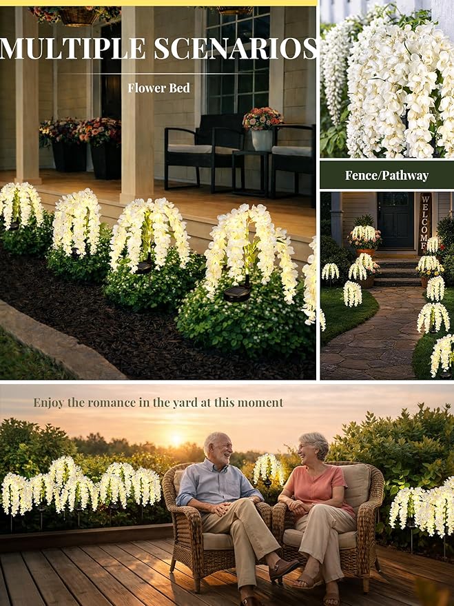 GIGALUMI Solar Lights Outdoor for Garden Decor, 2 Pack Solar Flower Lights Waterproof, 2 Lighting Modes Wisteria for Pathway,Yard, Patio Decoration, Gardening Gifts for Women (White)