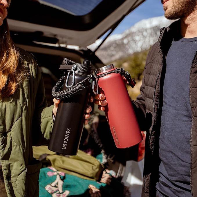 Insulated Water Bottle 40oz,Triple Wall Vacuum Stainless Steel(Dishwasher Safe),Leak Proof & Non-BPA,Flask Jug with Paracord Handle & Straw Spout Lids Sports Red