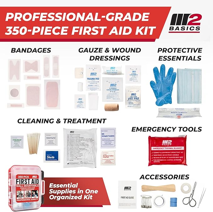 M2 BASICS Professional 350 Piece First Aid Kit, Wall Mountable Dual Layer Hard Case for Business, Home, Car, Vehicle & Work