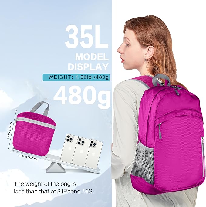 Waterproof Foldable Backpack Dry Storage Lightweight Daypack 35L Outdoor Backpack for Beach Men Women Dark Pink