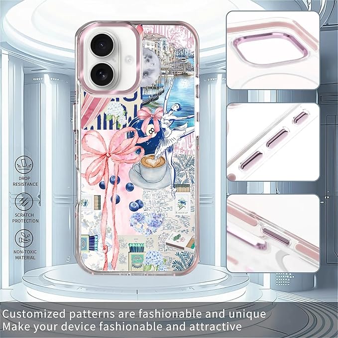 Case for iPhone 16 Plus,[Compatible with MagSafe],Pink Bow Girly Coquette Collage Phone Case Design，for Women Girls Magnetic Clear Cover - Slim, Sleek, & Shockproof Protection