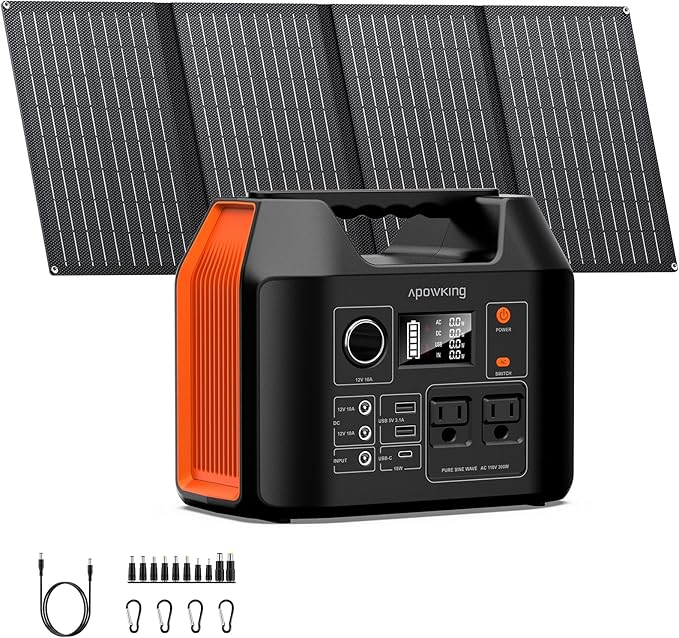 Solar Powered Generator, 300W Portable Power Station with Solar Panel 40W Included, 110V Pure Sine Wave 256Wh LiFePO4 Battery Pack with AC Outlet for Camping, Home Emergency, Traveling, RV Trip