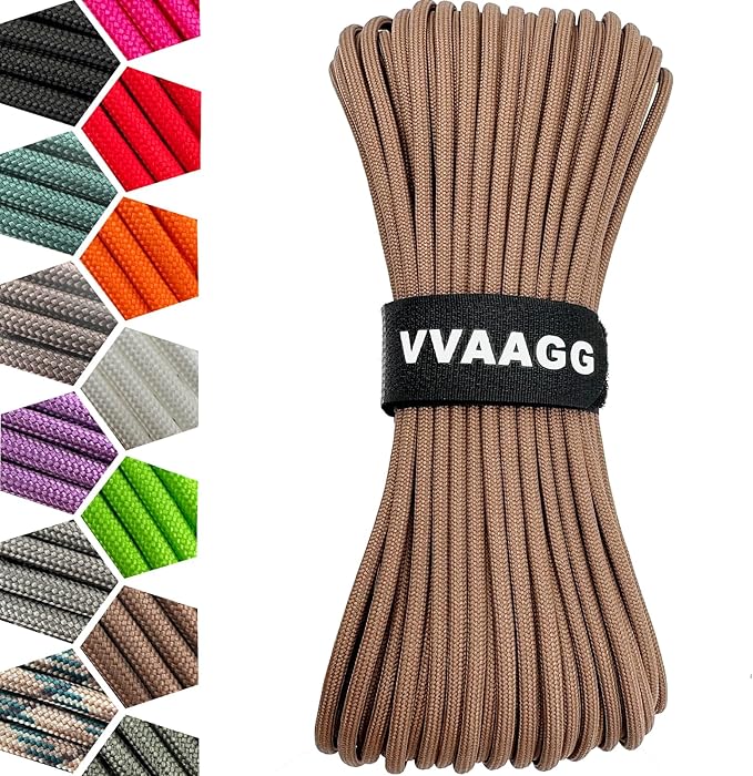 VVAAGG 1000 Tan Paracord 50FT Utility Parachute Cord 4mm Nylon String12 Strand Nylon Camping Rope, Tent Rope, Clothsline Rope for Survival & Camping Gear