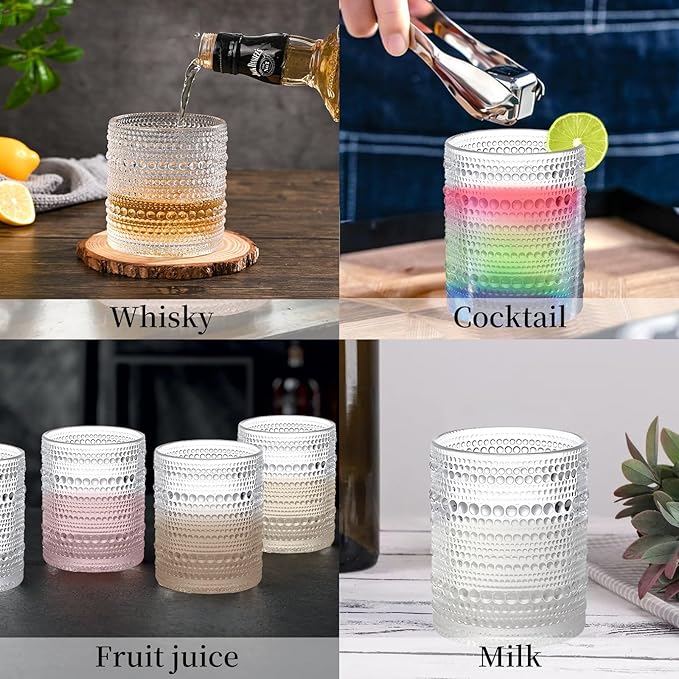 Set of 4 Hobnail Drinking Glasses,15.2 Oz Romantic Water Glasses, Clear Embossed Design Vintage Glassware, Cocktail Glasses, Beaded Drinking Glasses for Water, Beer, Juice(15oz+4")
