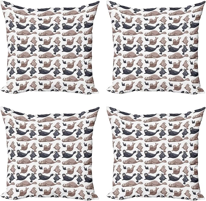 Ambesonne Sea Animals Decorative Throw Pillow Case Pack of 4, Seals Illustration Sea Lion Exotic Tropical Comic Graphic Wild Ocean, Cushion Cover for Couch Living Room Car, 18", Taupe Grey