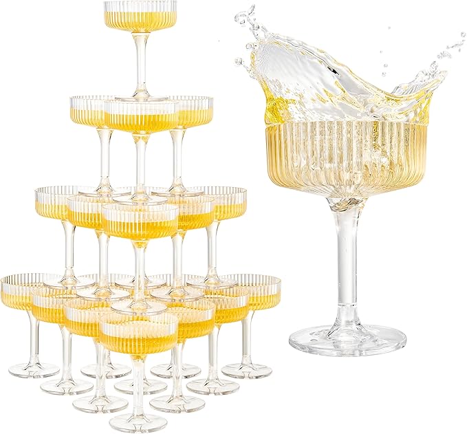 Premium ACRYLIC Champagne Tower Kit | 20 Stackable 7 oz Plastic Coupe Flutes | Reusable & Shatterproof Clear Plastic Glasses for Wedding Receptions, Birthday Parties, and Special Events, Clear Tall