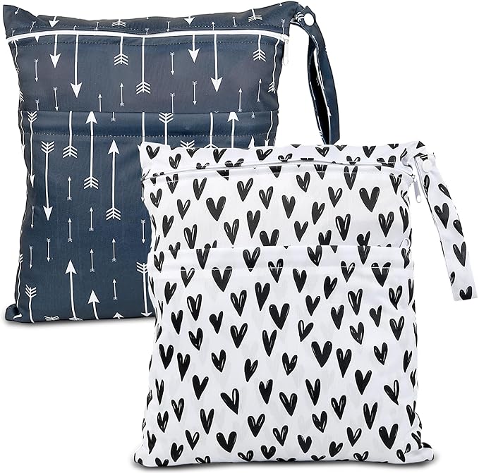 2pcs Cloth Diaper Wet Dry Bags Waterproof Reusable with Two Zippered Pockets Travel Beach Pool Daycare Soiled Baby Items Yoga Gym Bag for Swimsuits or Wet Clothes-Black Hearts