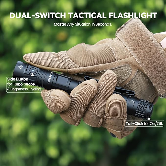 Guardtier ML70 Rechargeable Flashlight for Outdoor Working Camping/Emergencies/Outdoor Activities, Aluminum LED Tactical Penlight, USB-C/2AA, Tail Switch, 1500 Lumens, 5 Modes - Black, 6.1 in