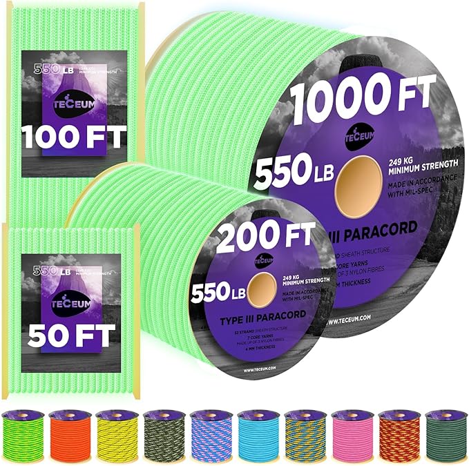 TECEUM Reflective Paracord Rope 1000 – 1000ft/200ft/100ft/50ft – 40+ Colors – Glow in The Dark – para Cord – Utility Rope for Survival, Hunting & Camping Gear – Nylon String, Camping Rope, Tent Cord