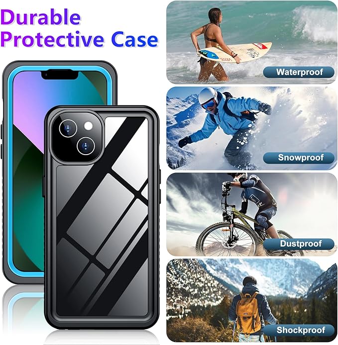 Temdan Compatible with iPhone 13 Case Waterproof, Built-in Screen & Camera Protector IP68 Underwater Full Body 13FT Military Dropproof Shockproof Phone Case 6.1"-Blue/Clear