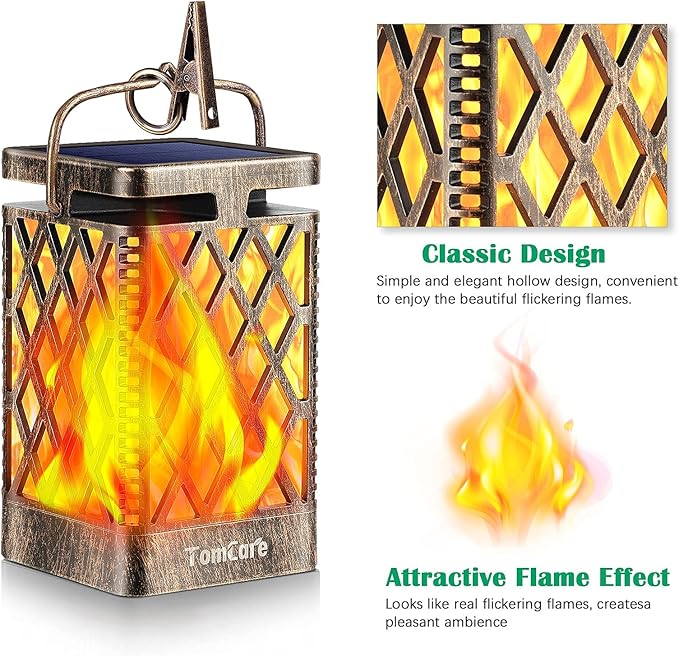 TomCare Solar Lights Outdoor Flickering Flame Solar Lantern Outdoor Hanging Lanterns Decorative Outdoor Lighting Solar Powered Waterproof LED Flame Lights for Patio Garden Deck, 2 Pack(Bronze)