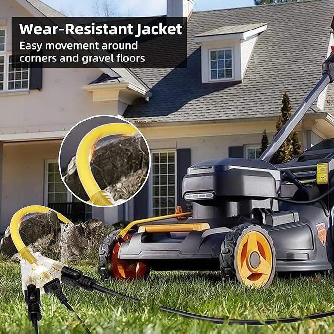 50 FT Outdoor Extension Cord with Multiple Outlets, 12 Gauge Heavy Duty Yellow Extension Cord Waterproof with 3 Outlet, 3 Prong Power Cord for Garden and Home Use Indicator Light, ETL Listed