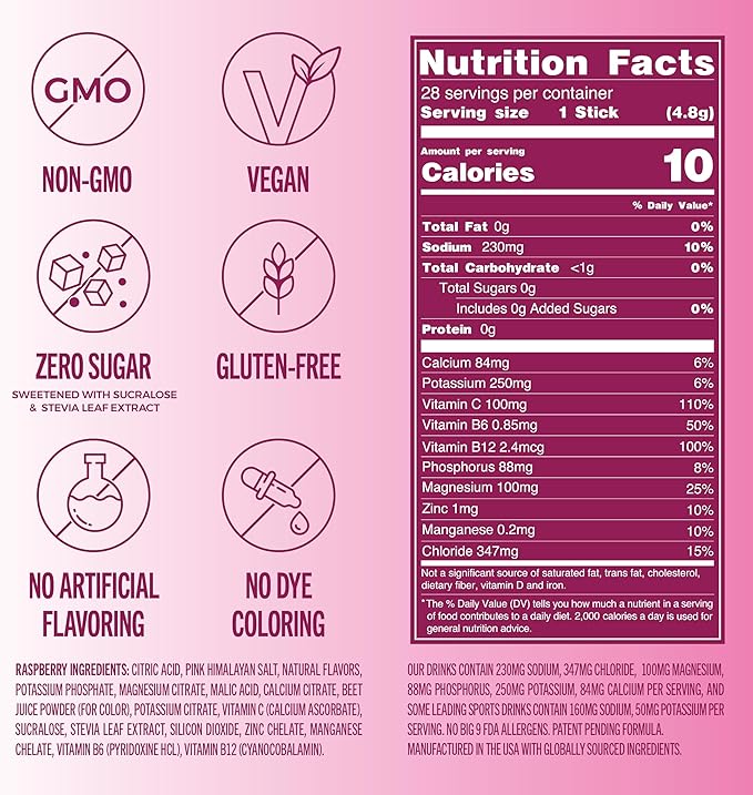 TREVI™ Everyday Sugar Free Electrolytes - Essential Drink Mix Hydration Powder Packets - 28 Count - Raspberry