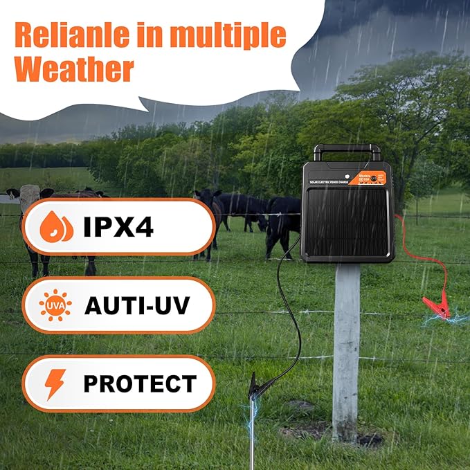 10 Miles Solar Electric Fence Charger 0.16J Portable Fence Energizer, Solar Fence Charger for Livestock Defense, 24-Hour Uninterrupted Protection