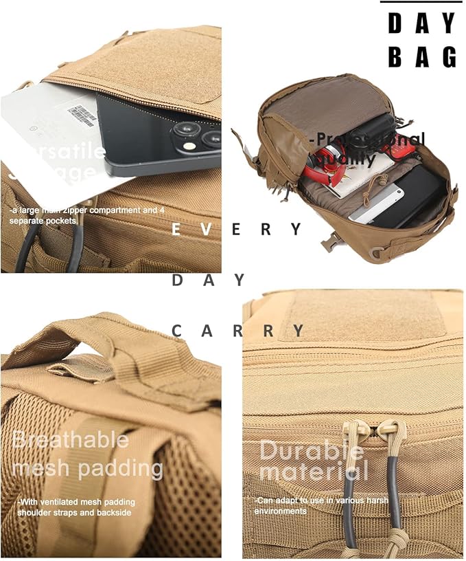 Miramrax 12L Small Backpack Day Pack - Mini Tactical Backpacks Military Daypack Molle Bag Rucksack Bug Out Bag for Hiking Camping Trekking (Tan)