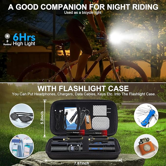 Banral Flashlights High Lumens Rechargeable - Super Bright Tactical LED Flash Light, Dimmable&Memory Function Powerful Waterproof Flashlight for Camping,6 Modes,Zoomable,LCD Display (2, Black)