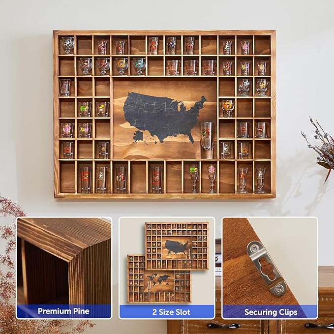 Large Shot Glass Display Case with US Map,60 Slots, 34 X 26 Inch Rustic Wood Shot Glass Display Cabinet for 2 Size -In Rooms Bars Wine Cellars with Shot Glasses Jewelry Shell & Keepsakes