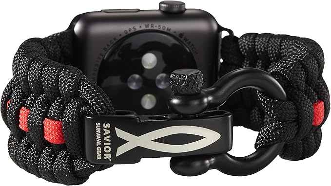 Savior Survival Gear Paracord Watch Band - Compatible with Apple Watch Band 49mm 46mm 45mm 44mm 42mm, iWatch Band Series Ultra 10 9 8 7 6 5 4 3 2 1 SE, Adjustable strap for men ( Black - Red, X-Large)