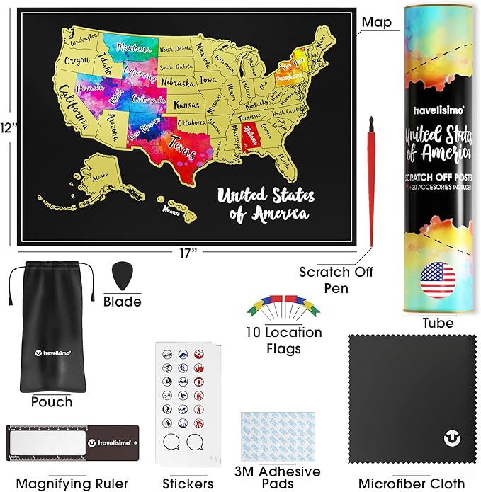 TRAVELISIMO Scratch Off Map of The United States, 12x17 inch Scratch USA with 25 Unique Accessories & Colorful Design, Perfect Scratch Map of United States for Travel, 50 States Travel Tracker