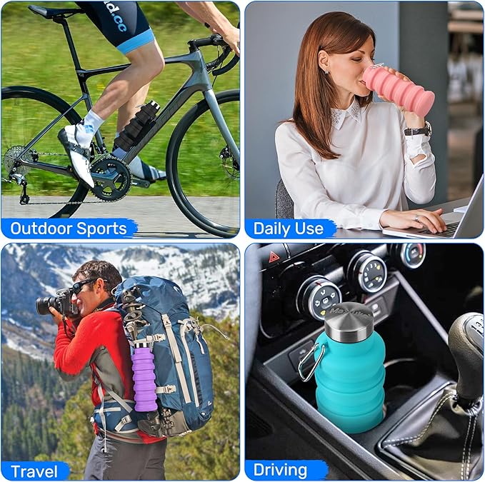 Collapsible Water Bottle, 16oz Portable Reusable Silicone Water Bottle, BPA-Free Leak-Proof Foldable Design with Carabiner, Lightweight Durable for Gym, Travel, Camping, Hiking, Sports(Gray+Blue)