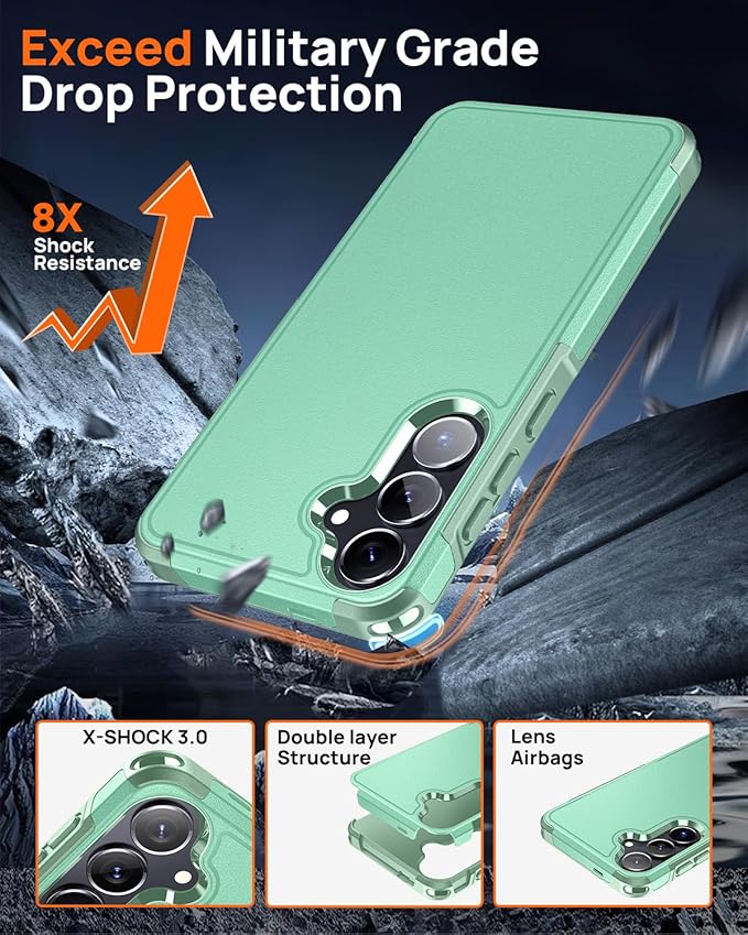 Lanhiem for Samsung Galaxy S25 S24 Phone Case with Tempered Glass Screen Protector, Shock Absorption, Anti-Scratch Shockproof Case Cover for Samsung S25 S24, Green