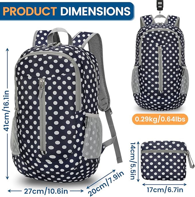 ZOMAKE Ultra Lightweight Packable Backpack 25L - Foldable Hiking Backpacks Water Resistant Small Folding Daypack for Travel(Navy Blue,White polka dots)