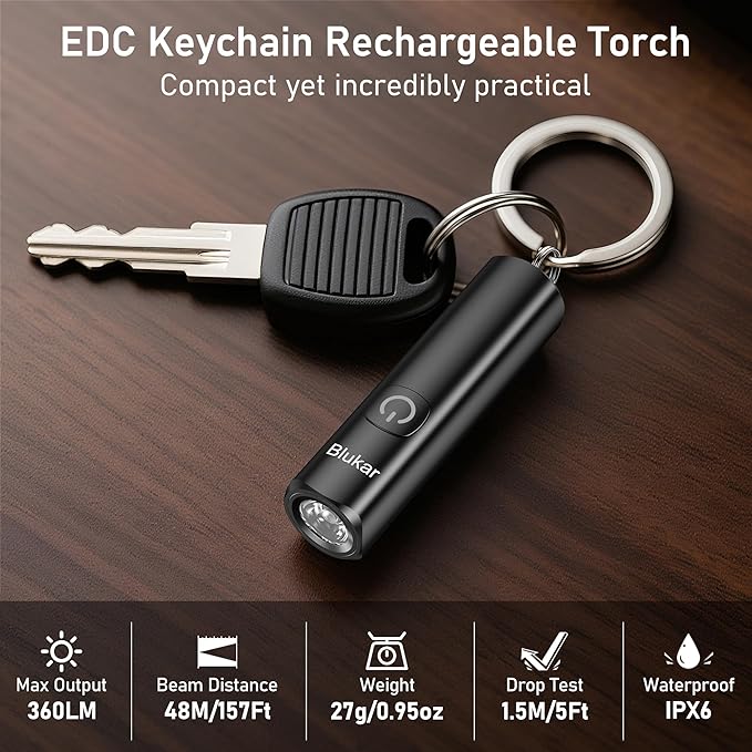 Blukar 2 Pack Rechargeable EDC Flashlight, 360L Mini Keychain Flash Light with 3 Lighting Modes, Memory Function, Waterproof, Compact and Portable Pocket Light for Everyday Carry, Emergency,Camping