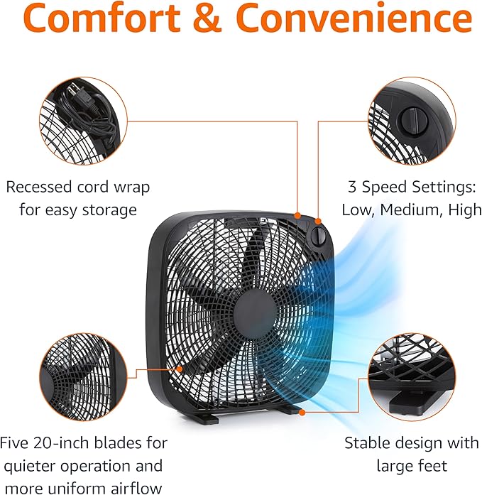 Amazon Basics 3-Speed Box Fan for Bedroom, Portable with Carry Handle, Powerful Airflow, 5 Blades, Lightweight Design, 67 Watts, 20-Inch, Black, 6.8"D x 20.86"W x 21.33"H