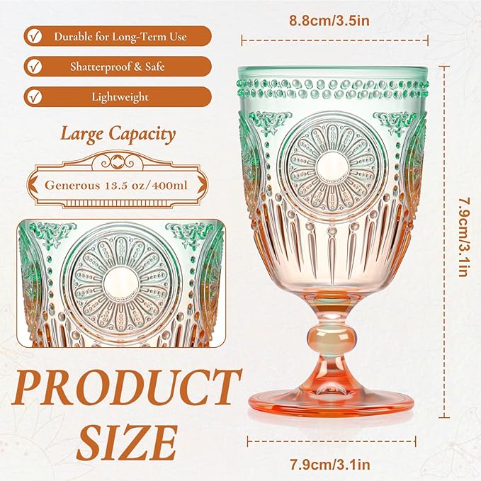 XUWAIDSGN 12Pcs Plastic Vintage Wine Glasses 13.5oz Reusable Embossed Goblet Glasses Green Orange Gradien Retro Wine Glassware Unbreakable Stemmed Champagne Water Cups for Cocktail Juice Wedding, bach