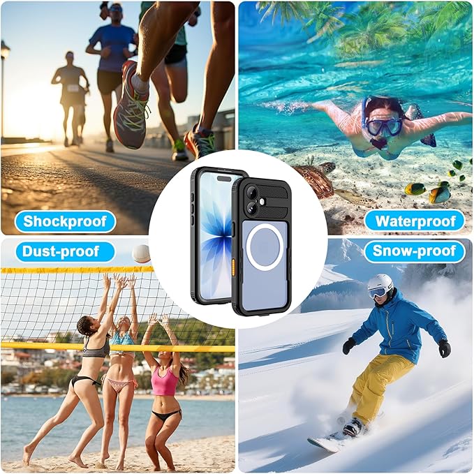 Waterproof Phone Case Compatible with iPhone 17, IP68 Waterproof Shockproof Dust-Proof Phone Case with Built in Screen Protector, Full Body Protective Case (Black, 17)