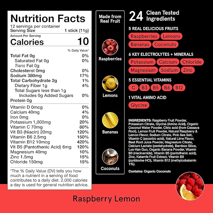 DryWater Electrolyte Powder Packets, Raspberry Lemon - Stevia-Free Hydration Packets Drink Mix with Zero Added Sugar for Rehydration & Energy - 6 Key Electrolytes, 5 Vitamins & 5 Real Fruits - 12 Pack