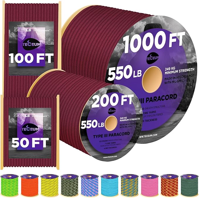 TECEUM Paracord Type III 550 Burgundi – 50 ft – 4mm – Tactical Rope MIL-SPEC – Outdoor para Cord –Camping Hiking Fishing Gear and Equipment – EDC Parachute Cord – Strong Survival Rope 067gd