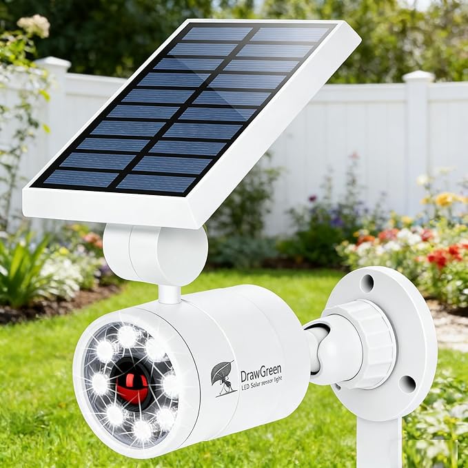 Aluminum Solar Motion Sensor Lights Outdoor - Solar Powered Flood Security Lights Cameras Fill Light for Outside Garage & Driveway Post Patio Pathway Deck - IP66 Waterproof, 3-Day Rain Battery,