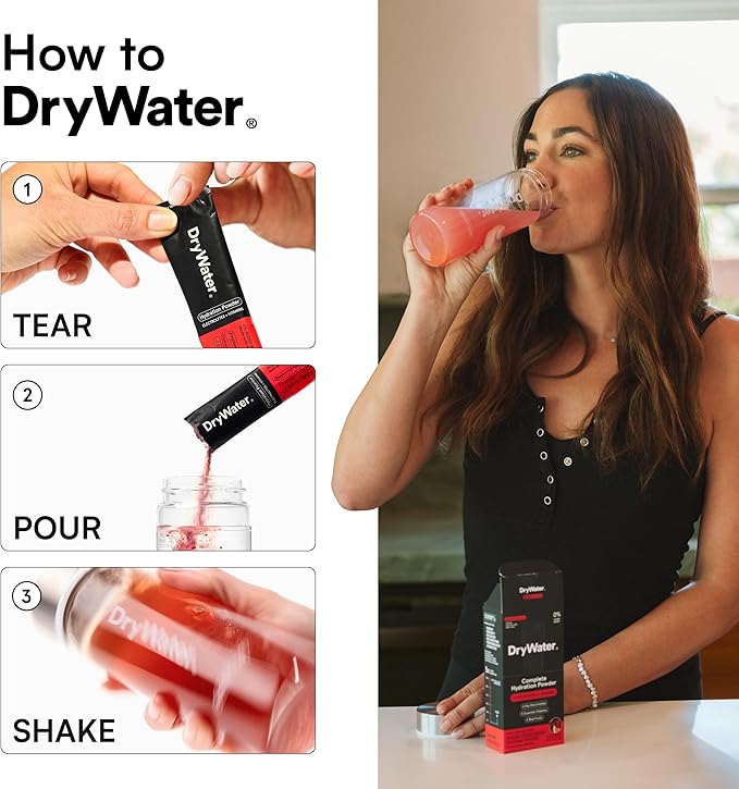 DryWater Electrolyte Powder Packets, Raspberry Lemon - Stevia-Free Hydration Packets Drink Mix with Zero Added Sugar for Rehydration & Energy - 6 Key Electrolytes, 5 Vitamins & 5 Real Fruits - 12 Pack