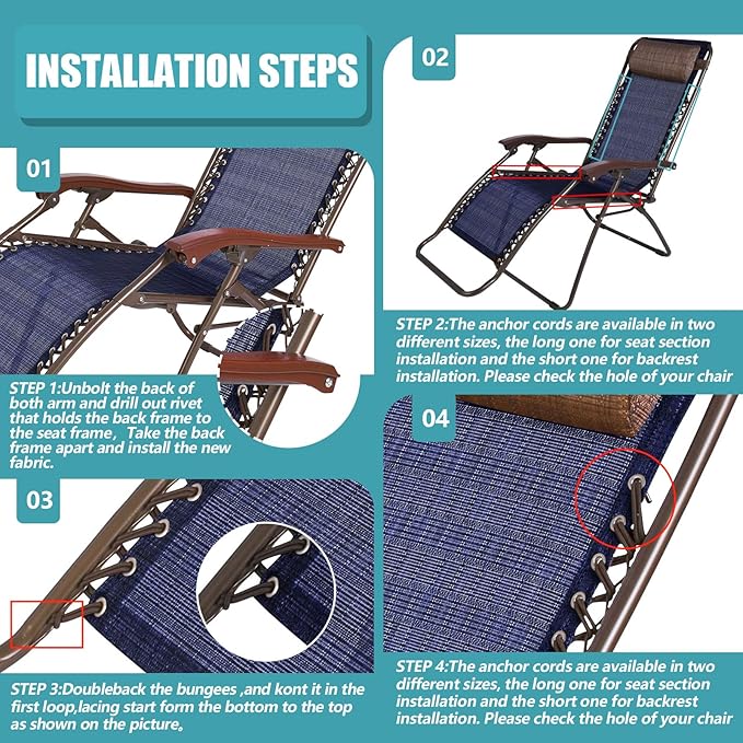 Queekay Chair Replacement Fabric with 4 Bungee Cord Lounge Chair Cloth Mesh Repair Kit for Patio Recliner Outdoor Lawn Pool(63 x 21 Inch,Blue)