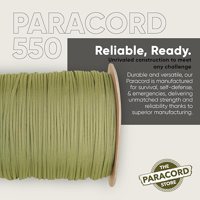 The Paracord Store | Type III 550 Paracord - 250 FT Spool, Moss Green | Heavy Duty 7 Strand Tactical Paracord - USA Made Nylon Outdoor Parachute Cord for Camping, Fishing & More - Survival Cord