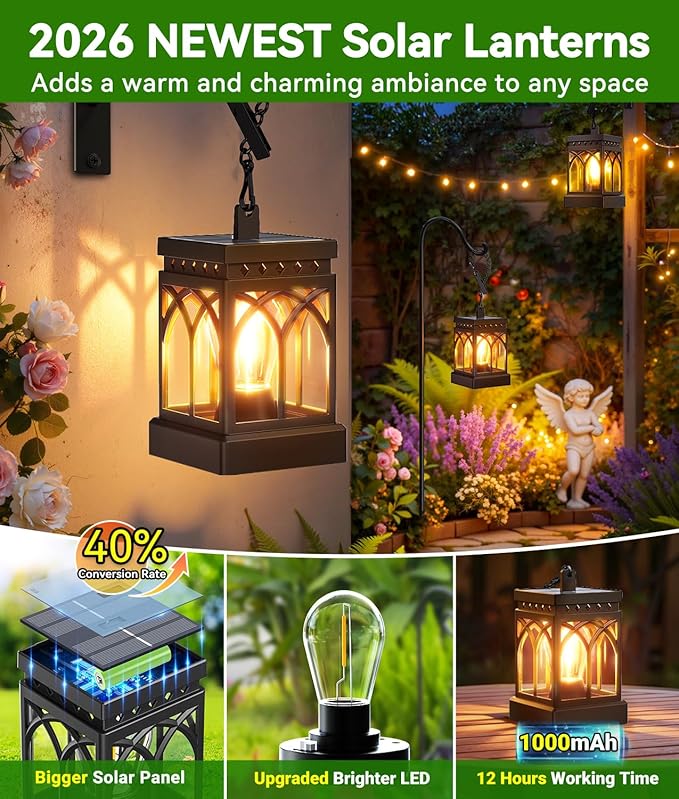 KOOPER 2 Pack Solar Lanterns Outdoor Waterproof, Brighter Hanging Solar Lantern Lights for Outside, Auto ON/Off Lanterns Decorative Outdoor for Garden Table Yard Path Tree Patio Lawn Decor, Gifts